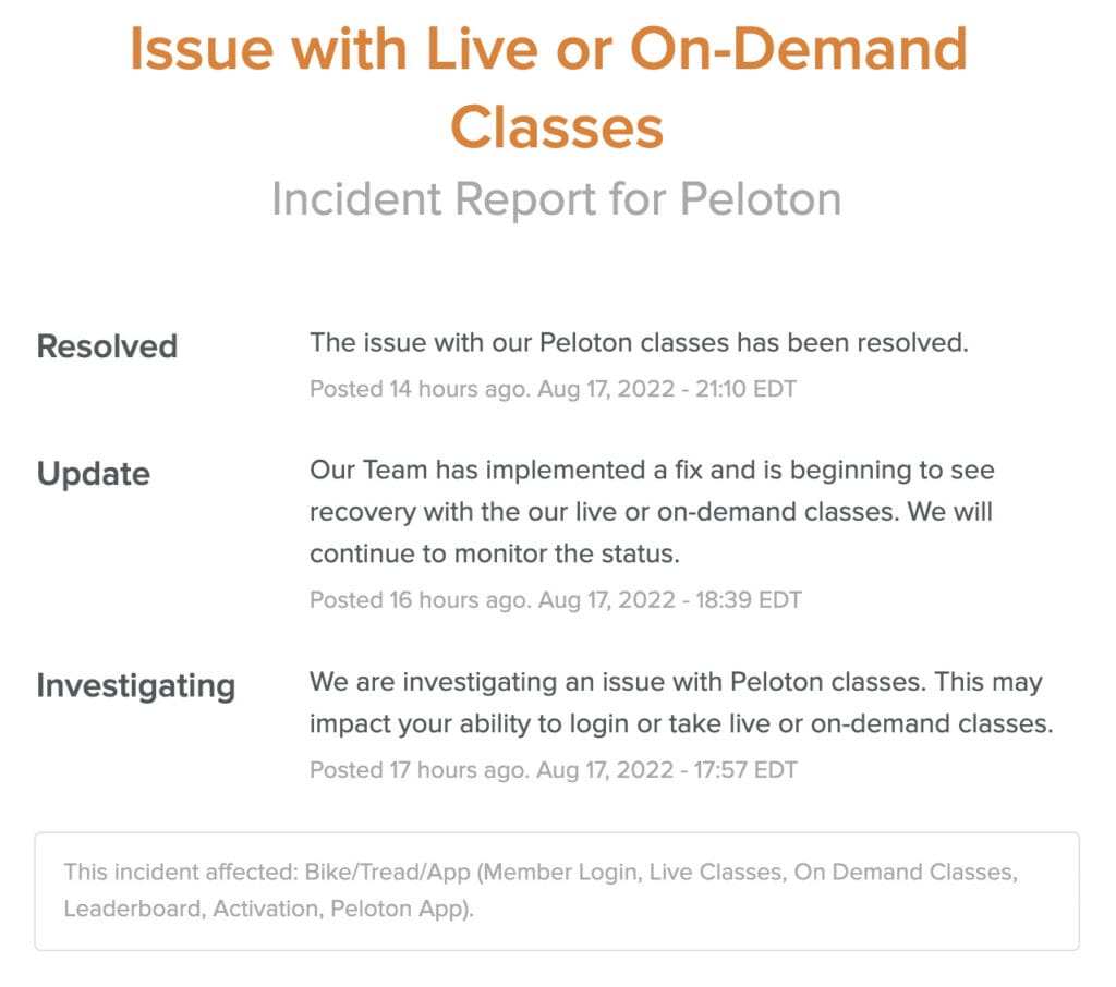 Peloton's 8/17 Outage Announcement