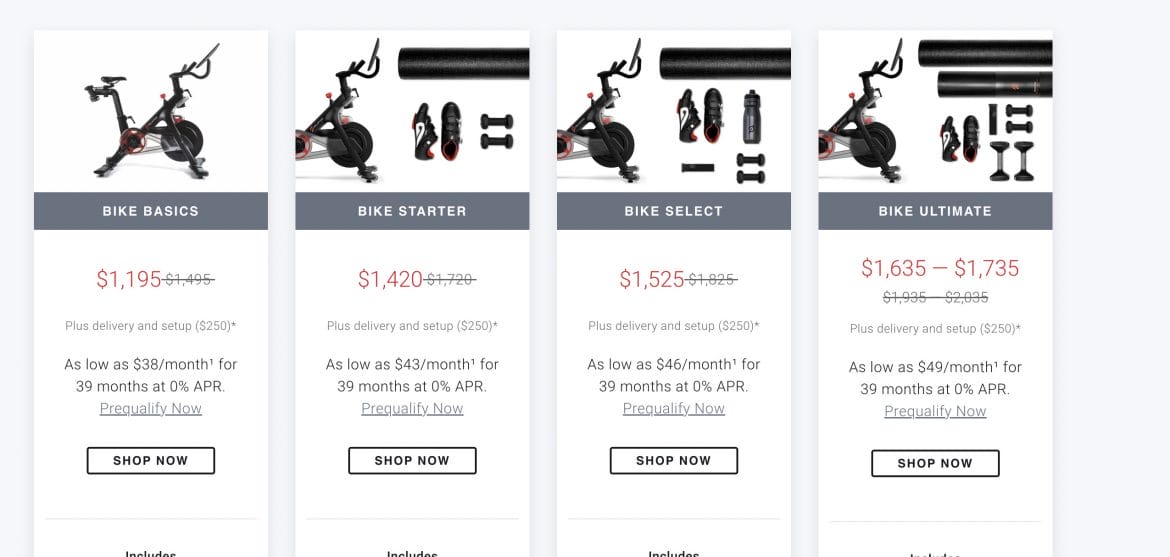 April 2022 Peloton Bike pricing - shipping & delivery separate.