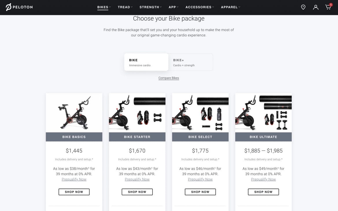 July 2022 Peloton Bike pricing - shipping & delivery bundled into total price.