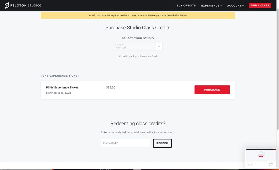 Peloton Studios New York studio reservation cost $35.