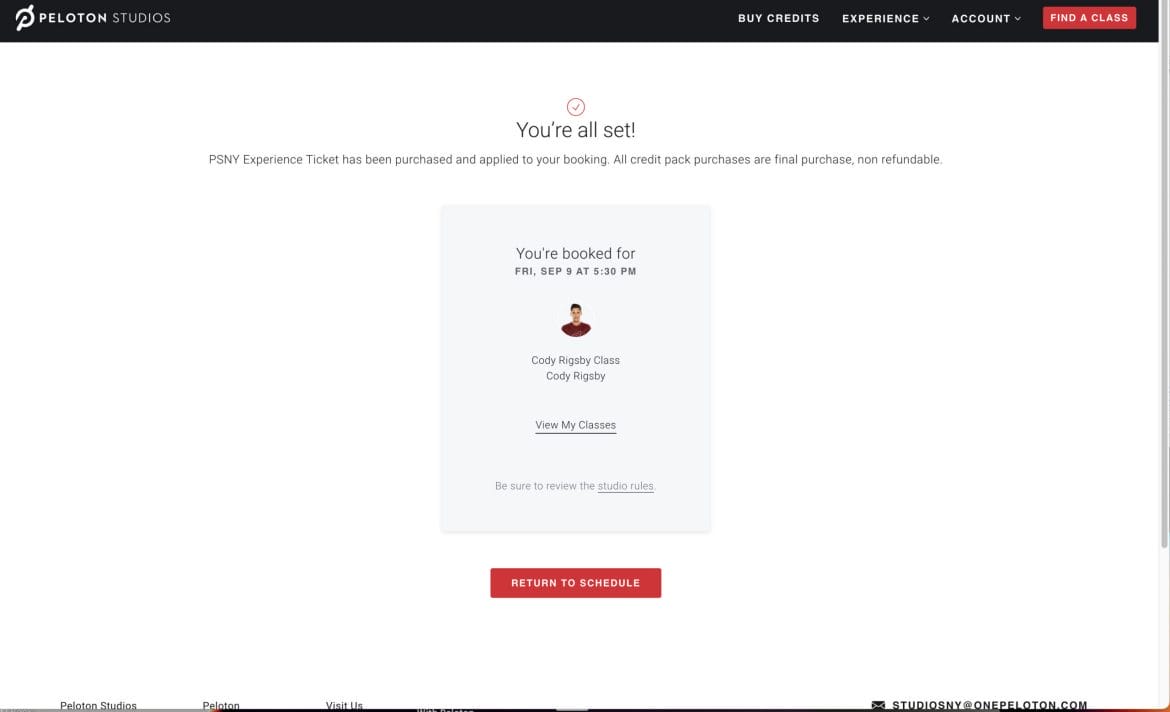 Booking reservation for 9/9 Cody class at PSNY.