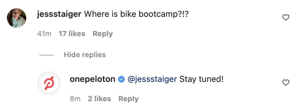 Peloton social media comment about Bike Bootcamp.