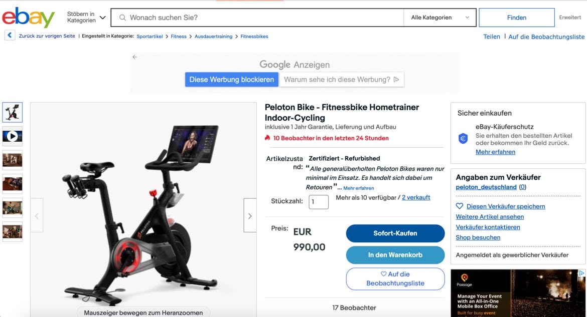 Peloton Germany eBay page with refurbished Bikes available for purchase.