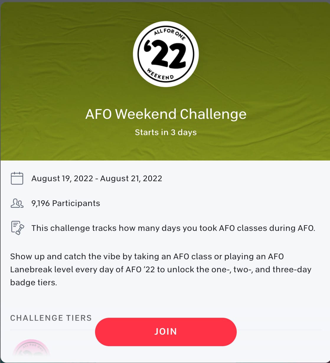 The All For One Weekend Challenge: August 19-21.