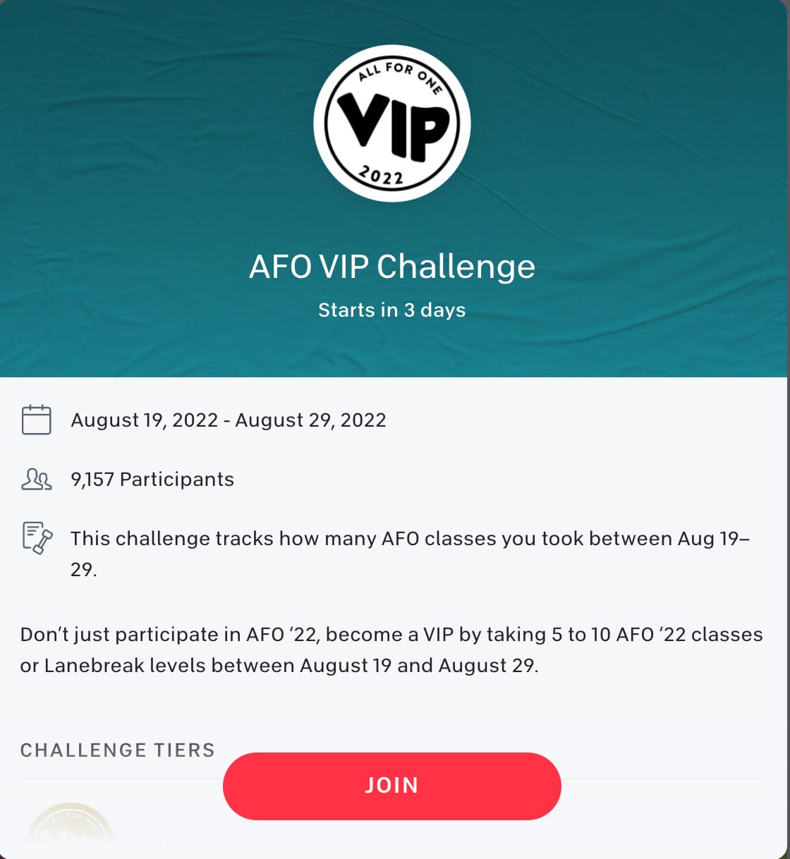 The All for One VIP Challenge: August 19-29.