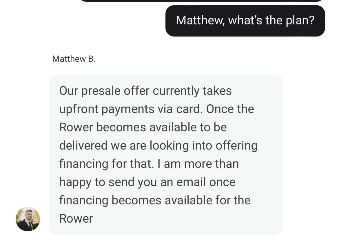 Member chat with customer service regarding rower financing.