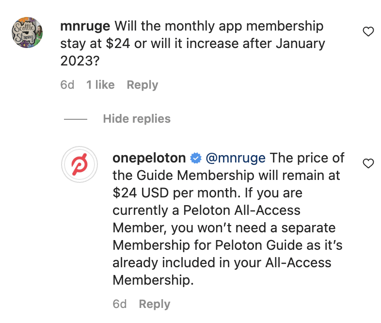 Peloton comments on social media around Guide membership pricing in 2023.