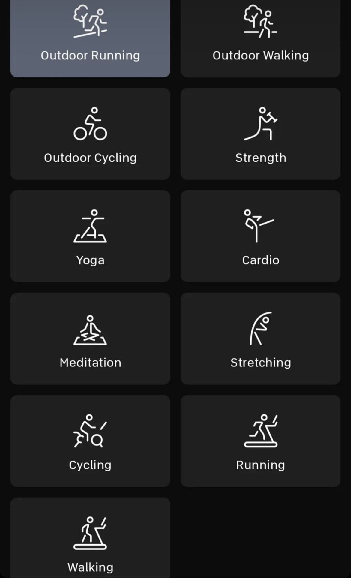 Just Work Out feature on Android App showing all available workout types.