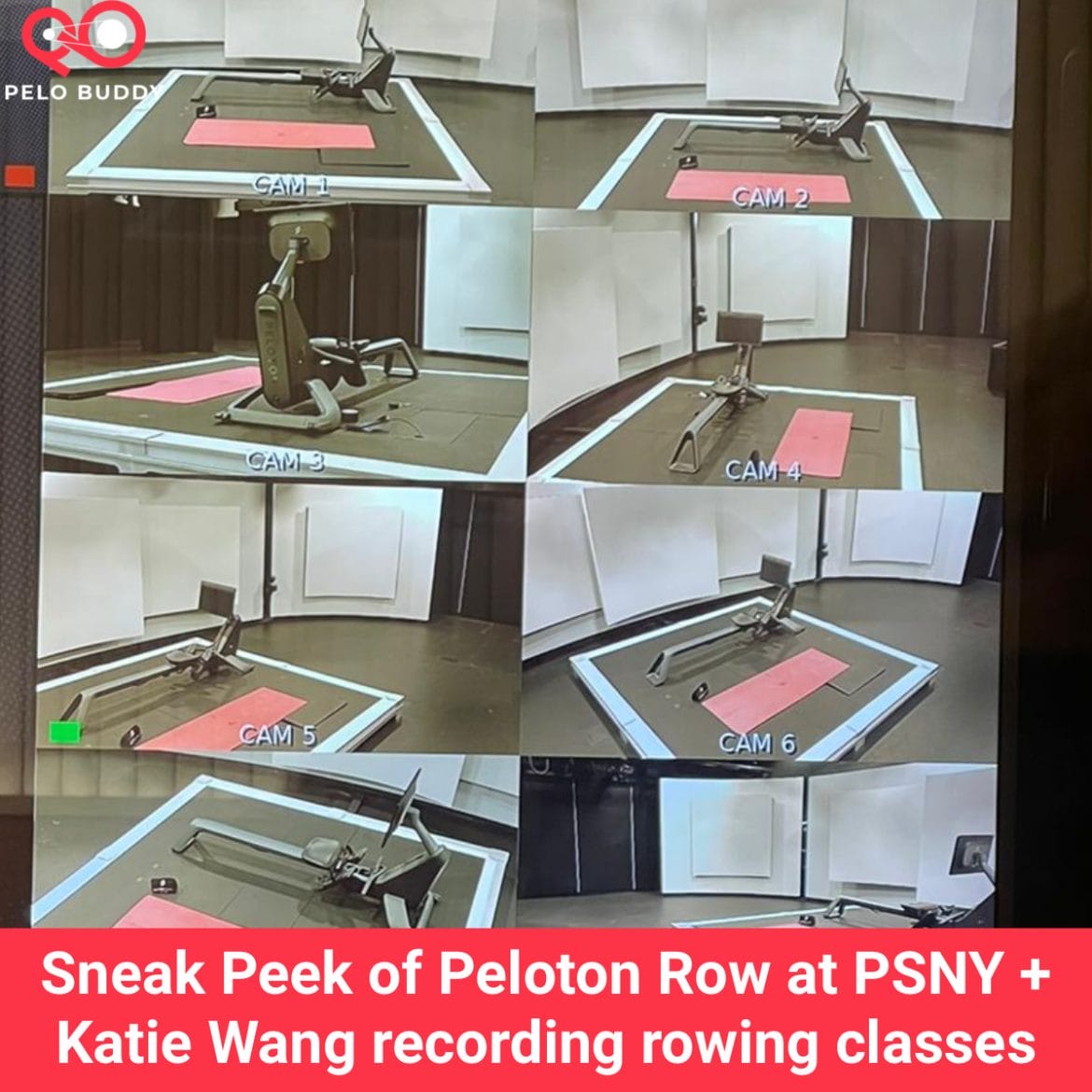 Sneak peek of Peloton strength production studio showing rowing bootcamp set-up.