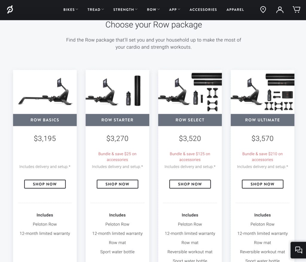 Different packages available for Peloton Row.