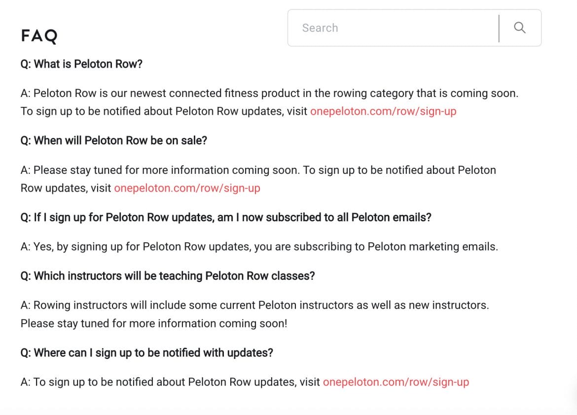 New Peloton Rower FAQ page.