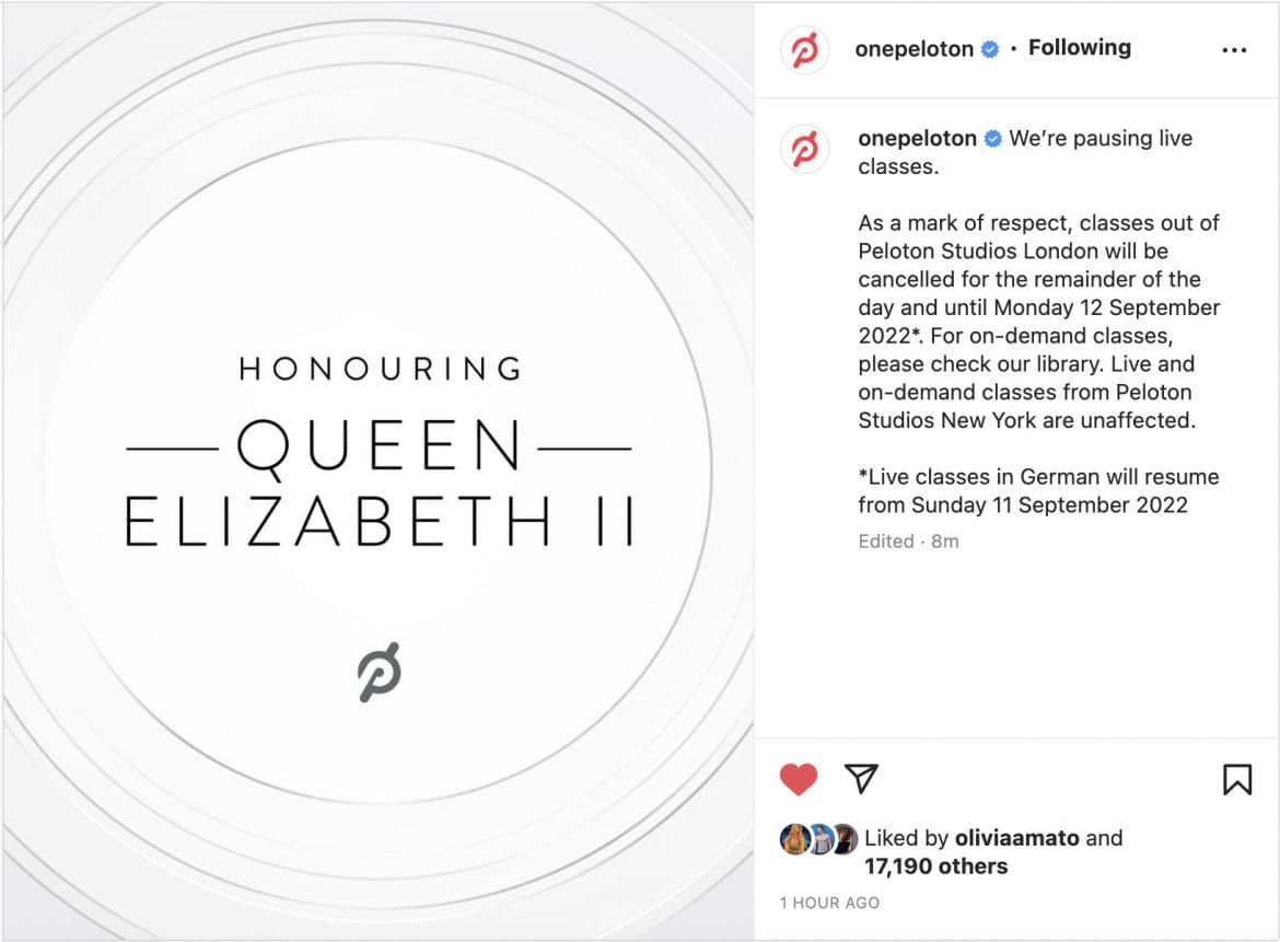 Peloton's Instagram post regarding the passing of Queen Elizabeth II.
