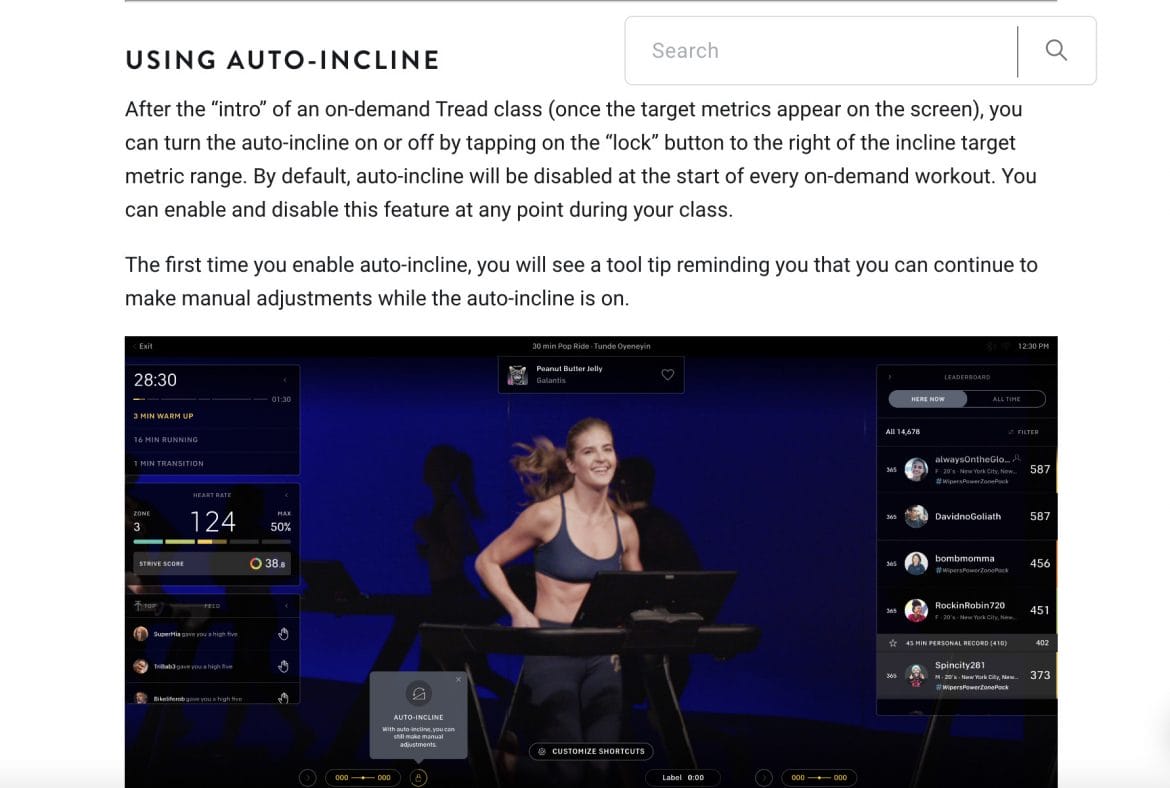 Peloton auto-incline feature support page.