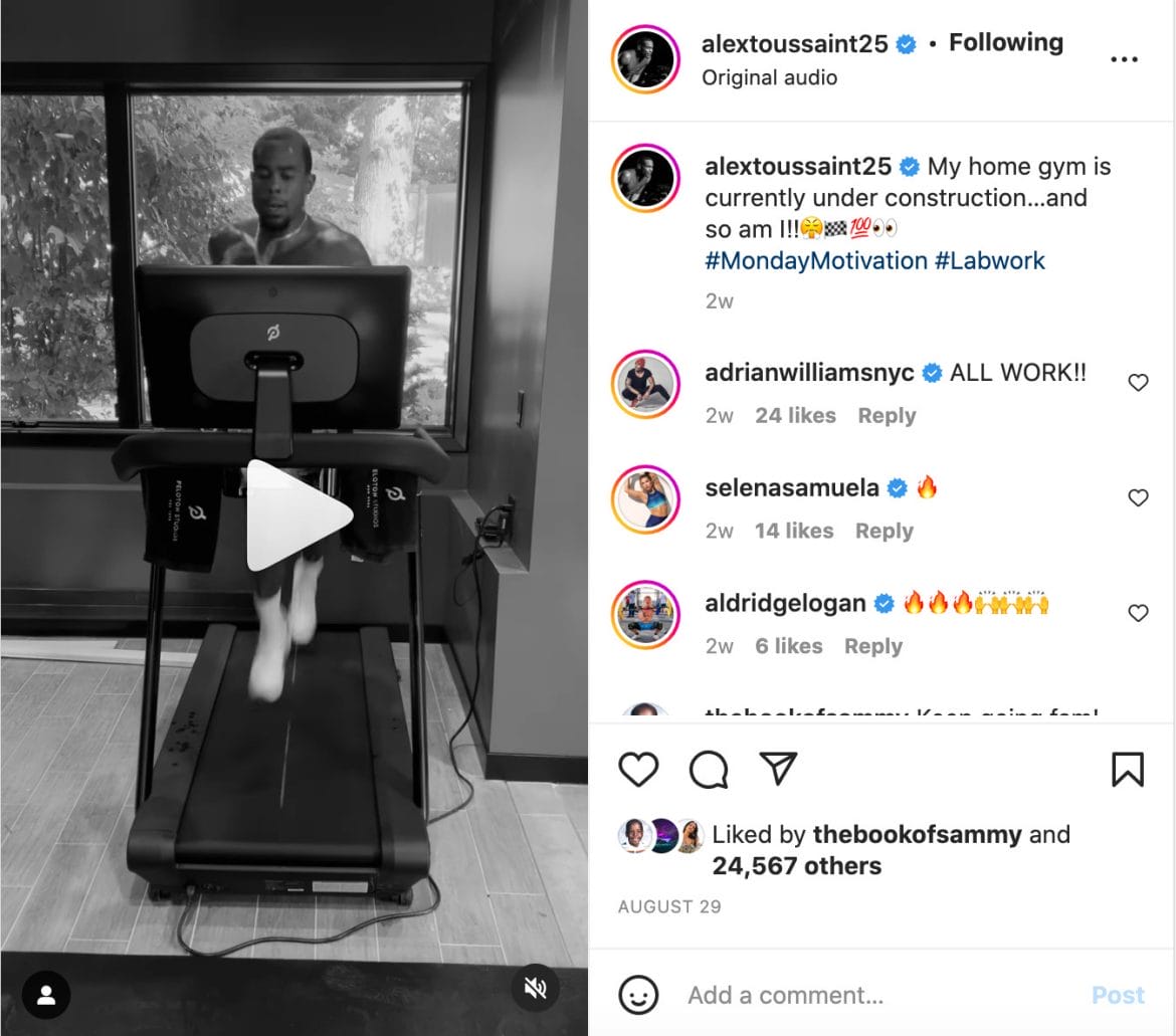 Alex Toussaint Instagram post showing himself on a Tread.