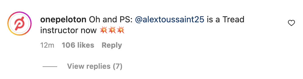 Peloton Instagram comment - now deleted.