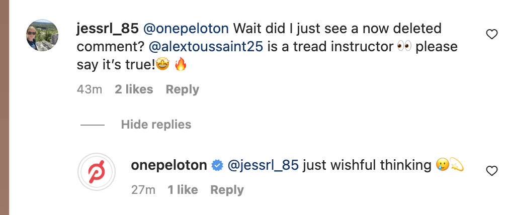 Peloton Instagram comment saying their deleted comment was "wishful thinking."