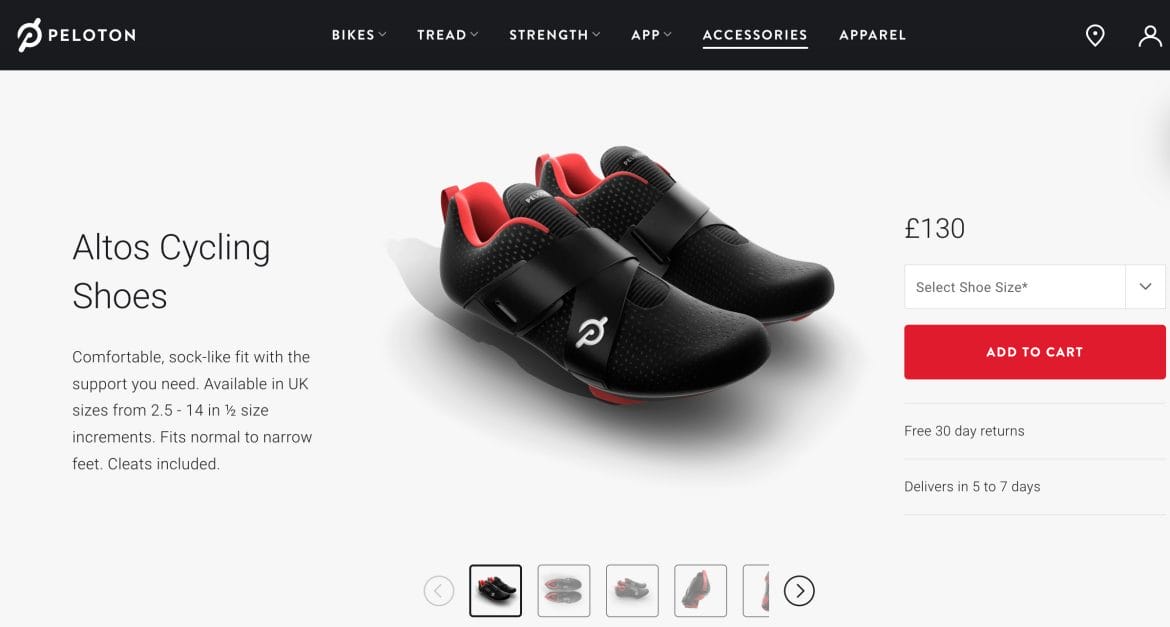 Peloton Altos Cycling Shoes on U.K. website