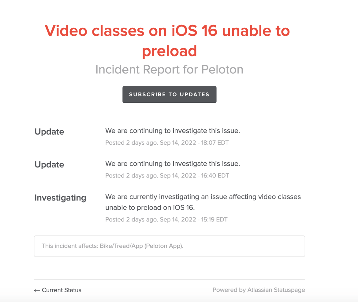 Peloton incident report regarding preloading in iOS 16.