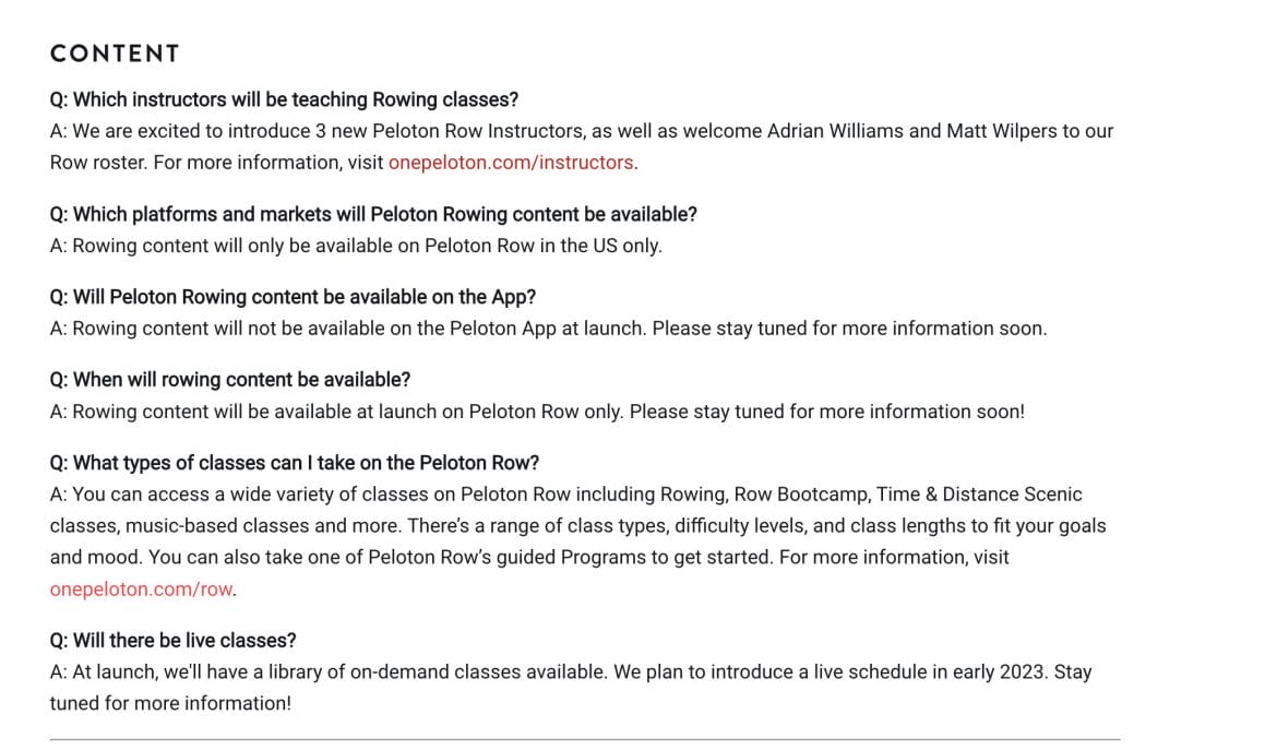 Peloton Rower FAQ page.