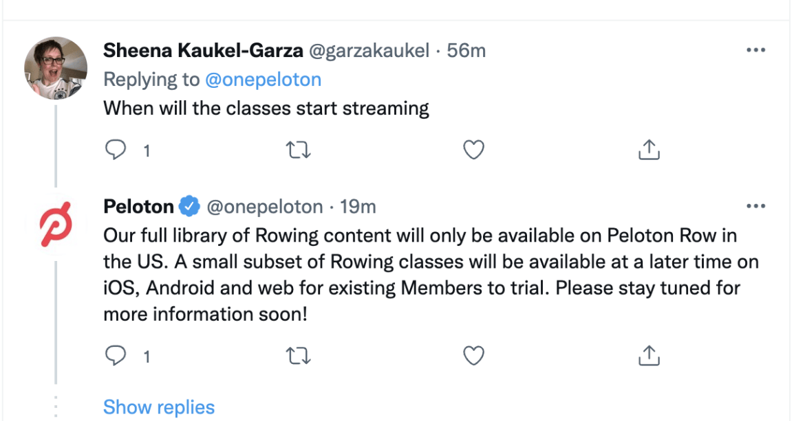 Peloton reply to member Tweet.