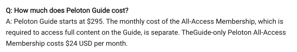 Peloton FAQ page with Guide membership pricing.
