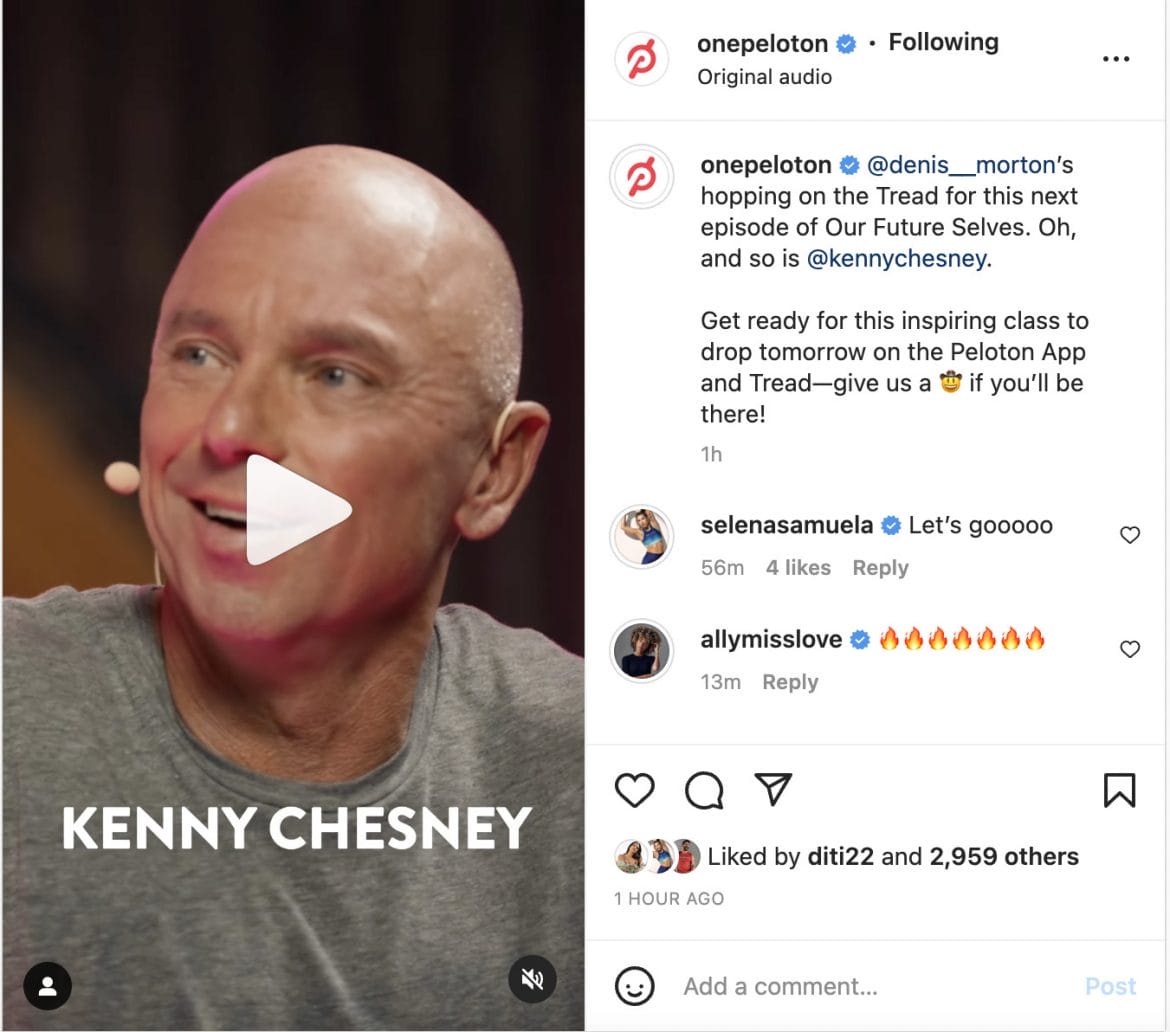 Peloton Instagram post announcing Kenny Chesney as next guest on Our Future Selves series.