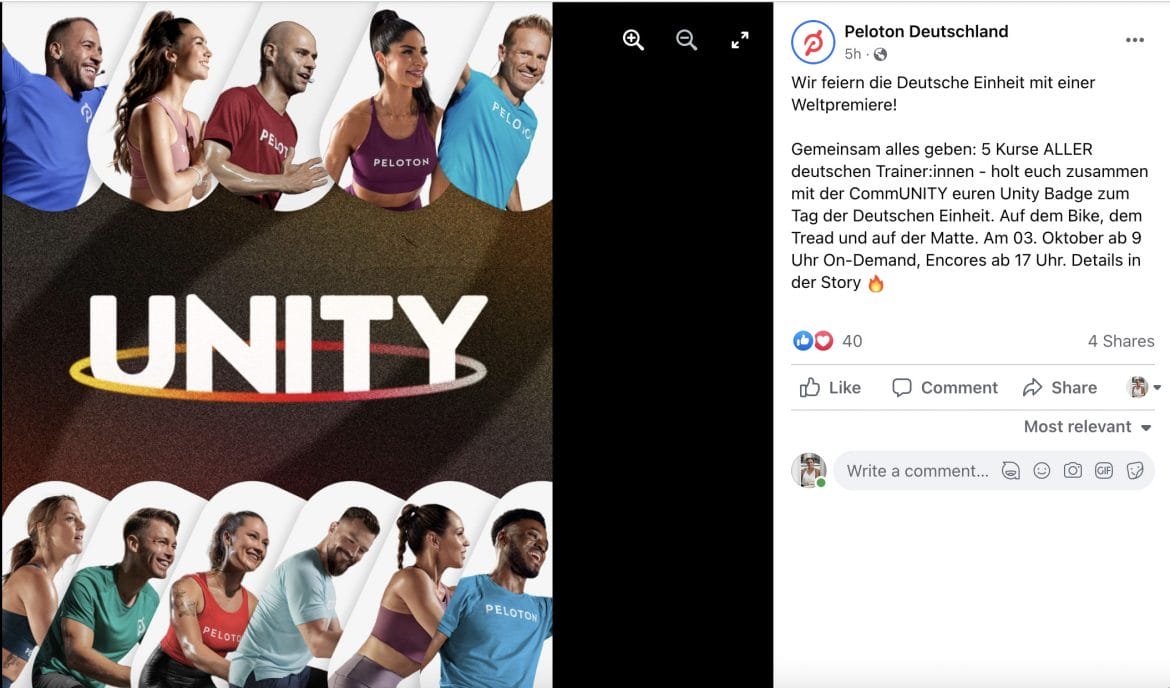 Peloton Unity Day announcement on Facebook.