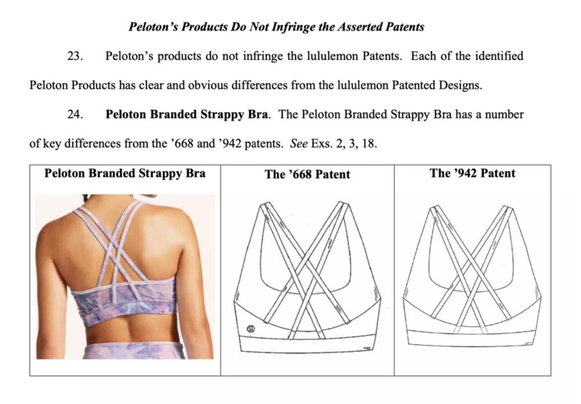 Screenshot from lawsuit, showing one of Peloton’s product next to the lululemon design patent.
