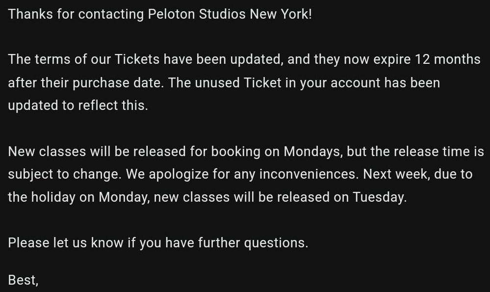 Email from Peloton Support regarding studio policies