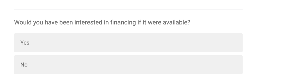 Peloton Row presale post-purchase survey question about financing.