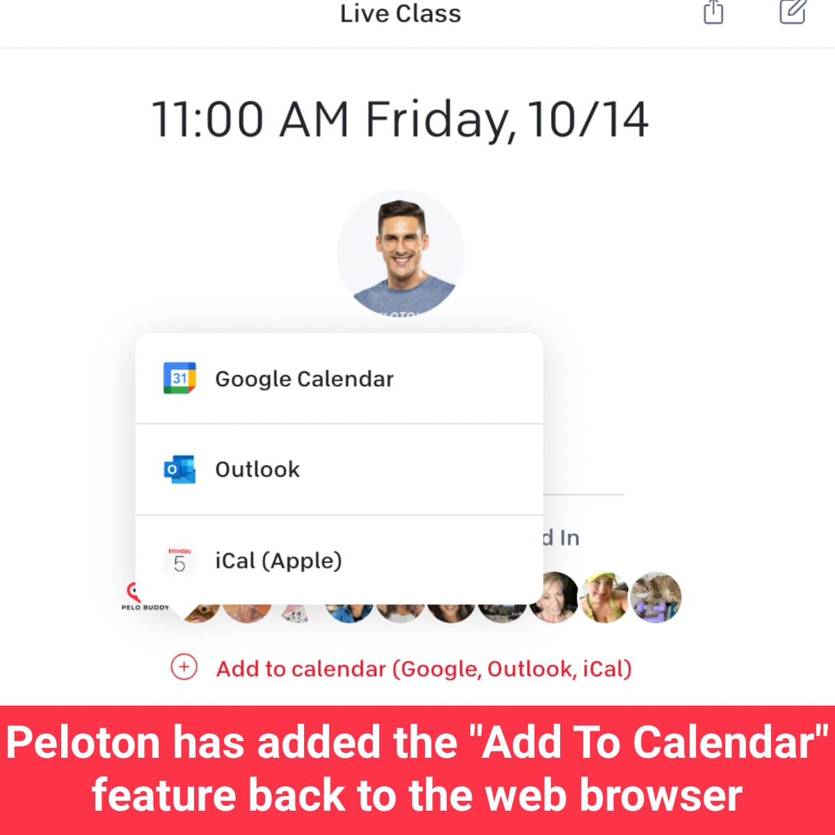 "Add to Calendar" feature restored on Peloton web browser.