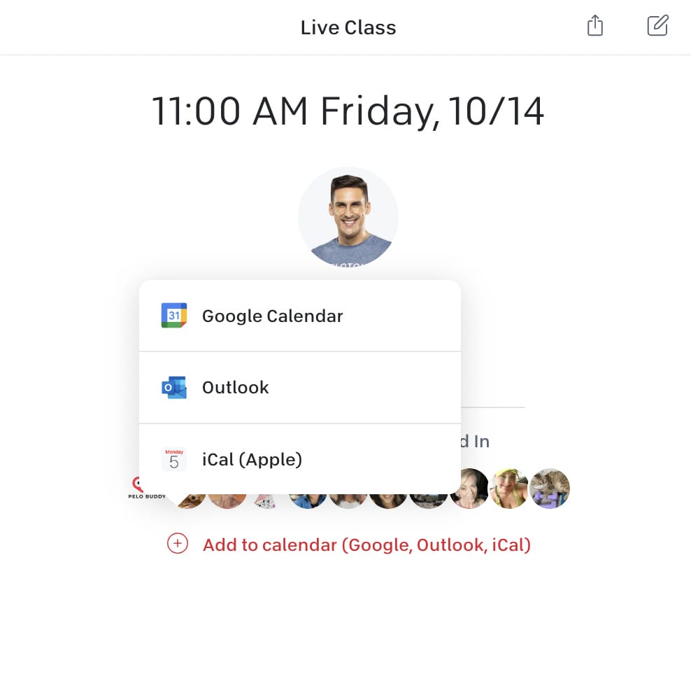 Calendar menu on upcoming live Peloton class.
