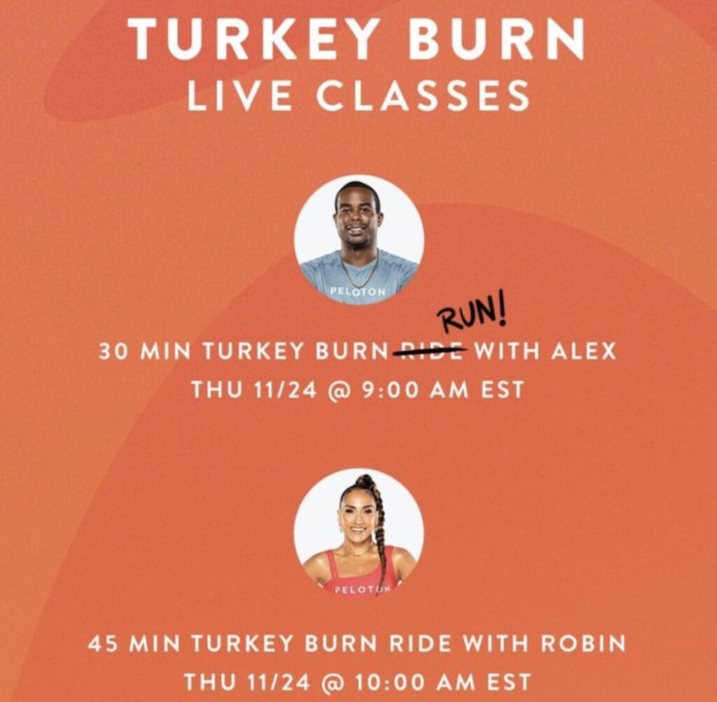 List of Thanksgiving Day Peloton classes that will have members live in studio. Image credit Peloton IG.