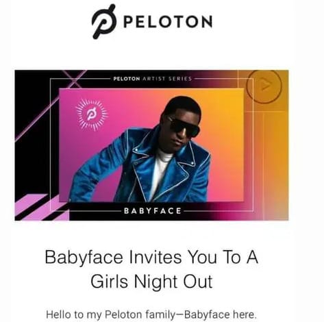Email for member invited to Babyface artist series on October 21.  Image credit Peloton email.