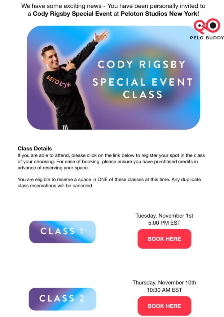 Invite to Cody Rigsby special event classes sent to some members.