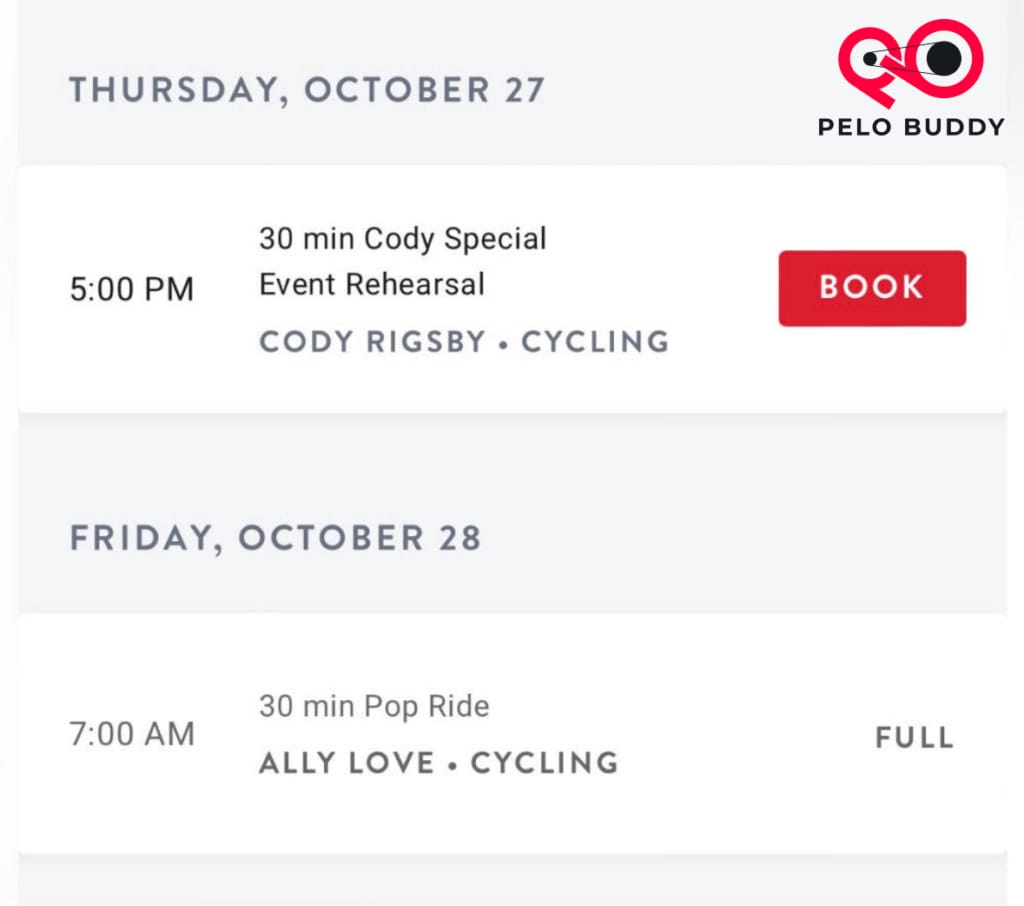 Peloton Studio booking site showing rehearsal class with Cody Rigsby.