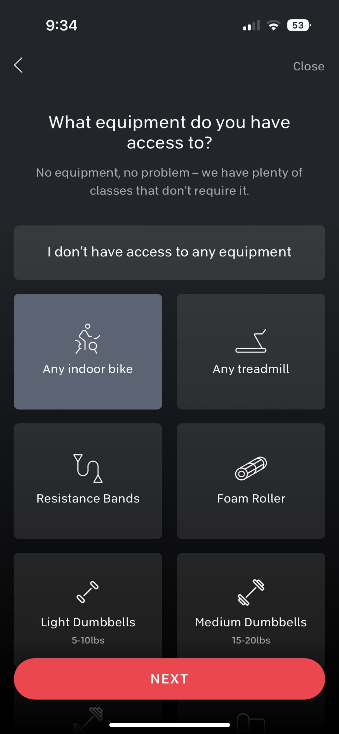 List of available equipment.