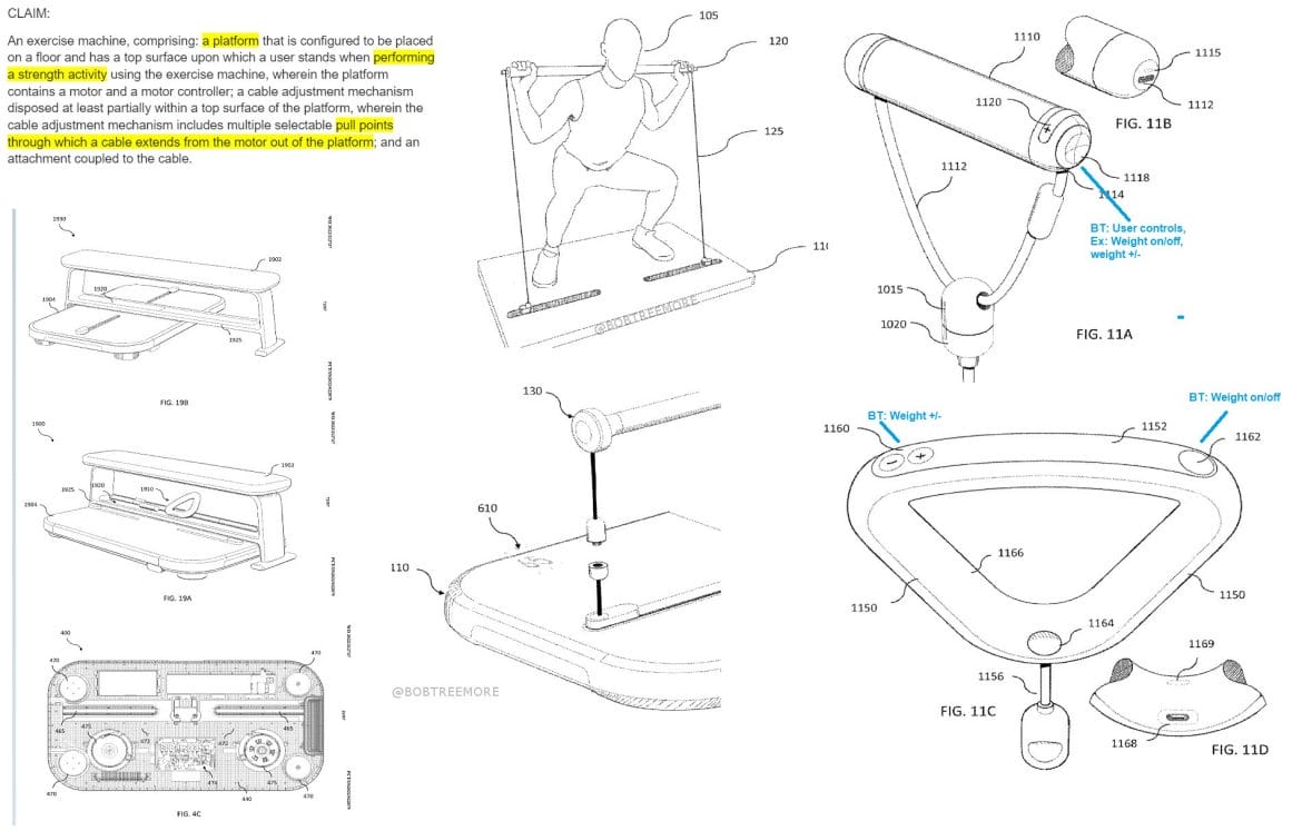 Peloton Strength Platform device seen in patent, with additional notes from Bob Treemore.