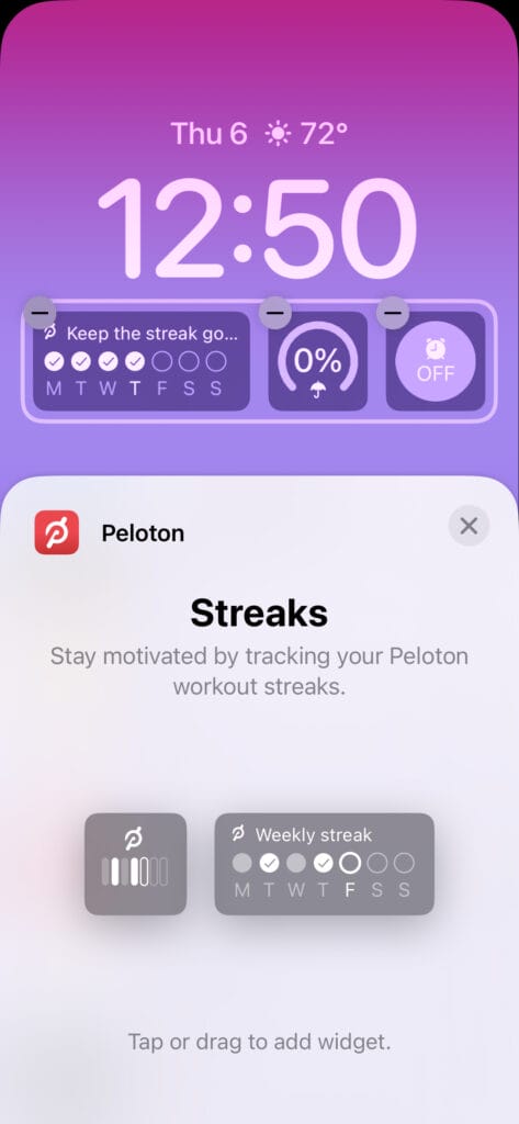 Peloton widget format options.