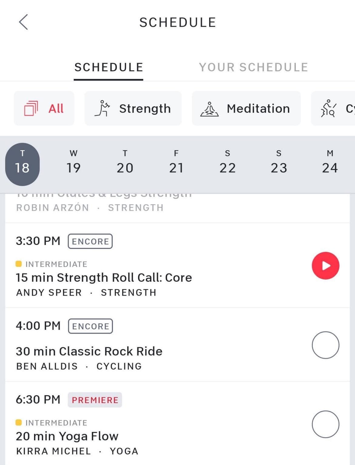 Peloton upcoming schedule showing "premiere" tag.