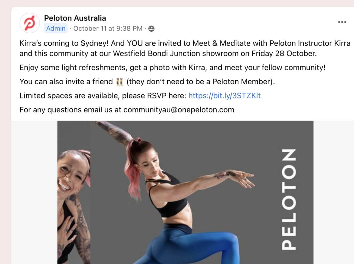 Peloton Meet & Greet post on Facebook.