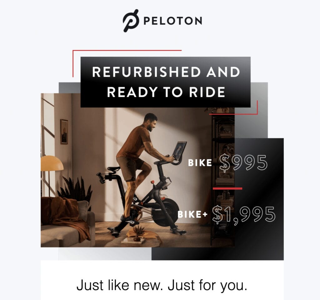 Email about refurbished Peloton Bikes & Bike+ in Oct 2022.