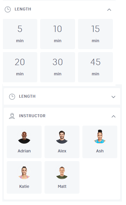 Coaches and class lengths for regular Peloton Rowing classes.