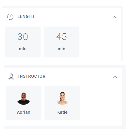 Coaches and class lengths for Peloton Rowing Bootcamp classes.