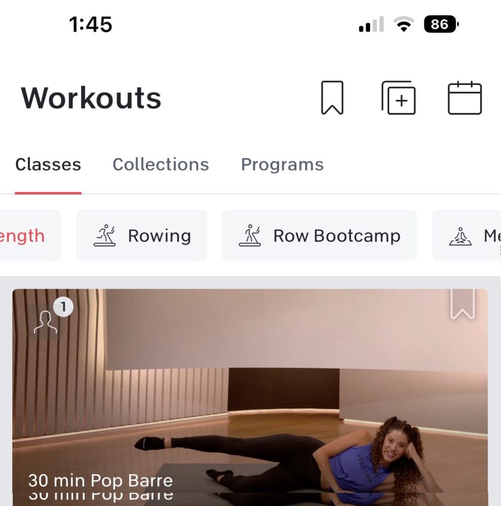 Peloton Rowing and Rowing Bootcamp classes as seen in the new version of the Peloton iOS app.