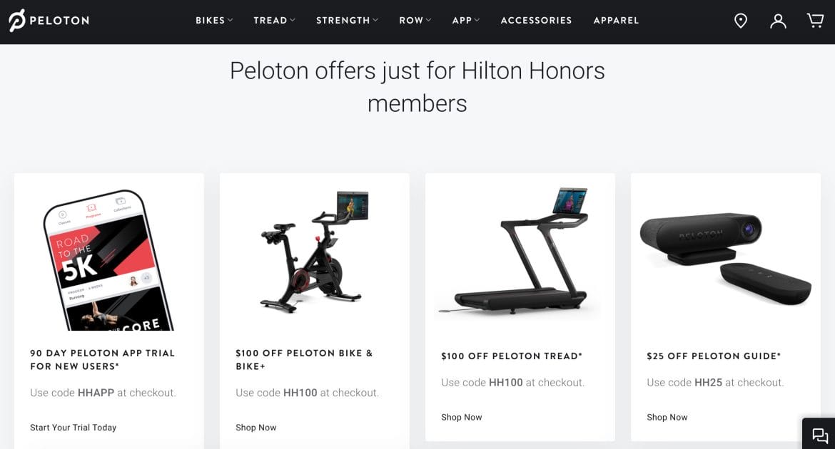 Peloton x Hilton Honors discount codes.