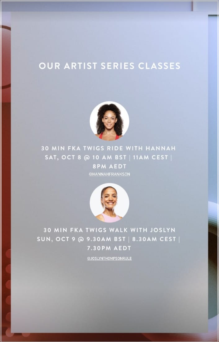 Peloton FKA Twigs class schedule. Image credit Peloton social media.