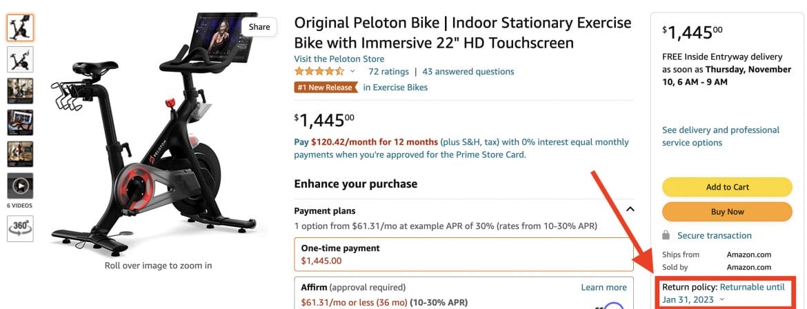 Peloton Bike on Amazon showing return through 1/31/23.