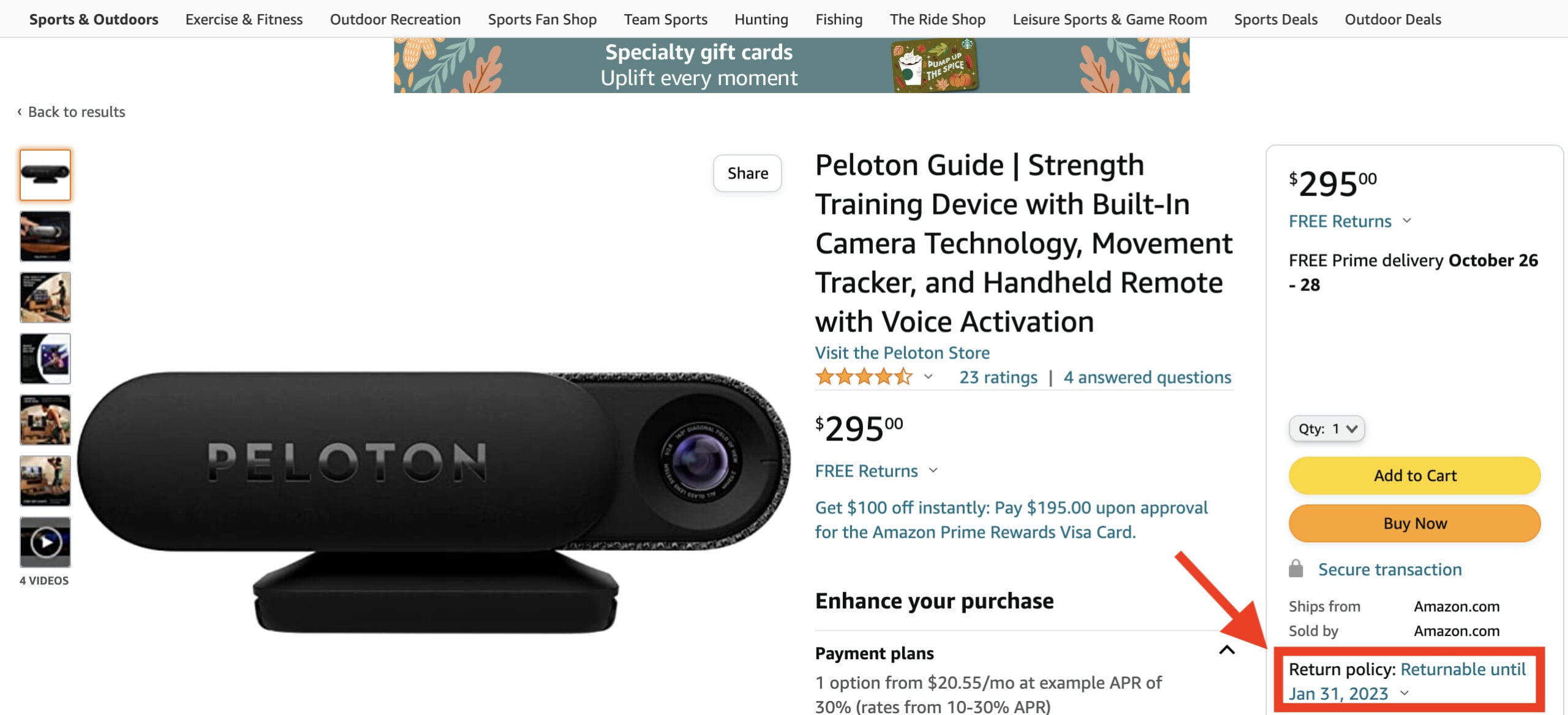 Amazon offering extended returns on Peloton Bike & Guide for the