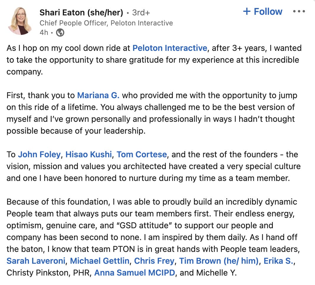 Shari Eaton LinkeIn post announcing departure from Peloton.